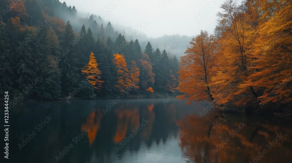 Obraz premium Autumn Lake Landscape With Misty Fog And Light Snowfall