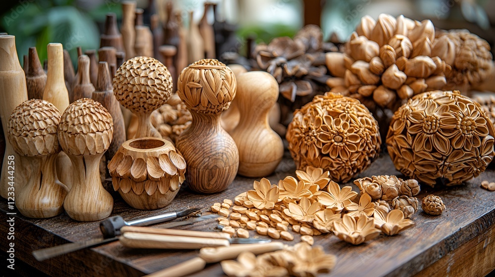 Fototapeta premium Intricate wood carvings, artisan workshop, floral designs, detailed craftsmanship, stock photo
