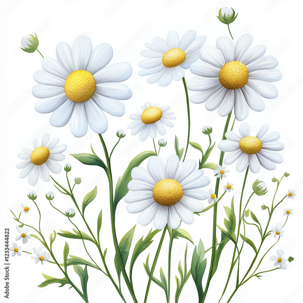 Watercolor botanical illustration of chamomile, dense arrangement, high resolution on white background Watercolor botanical illustration of chamomile, dense arrangement, high resolution on white background