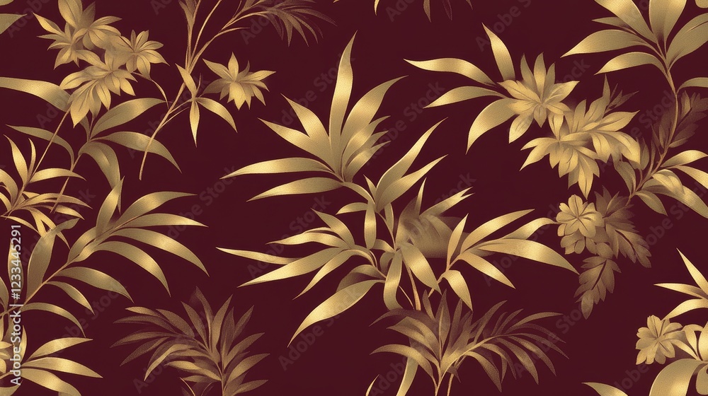 Golden Tropical Leaves and Flowers Seamless Pattern Design Golden Tropical Leaves and Flowers Seamless Pattern Design