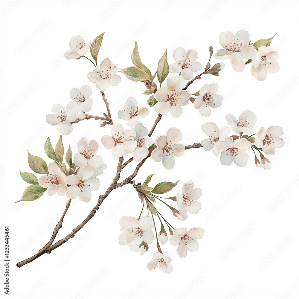 Watercolor botanical illustration of cherry blossoms, dense arrangement, high resolution on white background Watercolor botanical illustration of cherry blossoms, dense arrangement, high resolution on white background