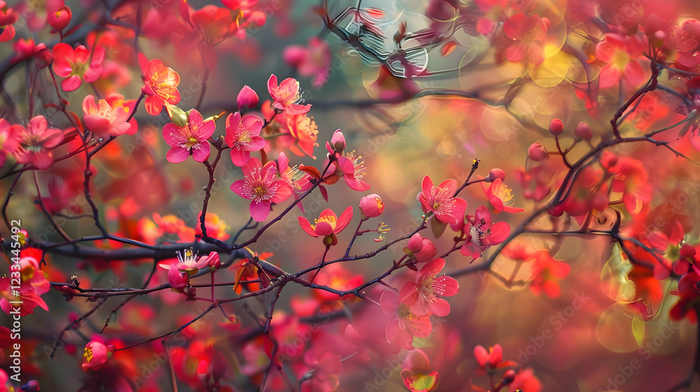 A vibrant display of pink blossoms on branches, creating a dreamy, soft-focus atmosphere. A vibrant display of pink blossoms on branches, creating a dreamy, soft-focus atmosphere.