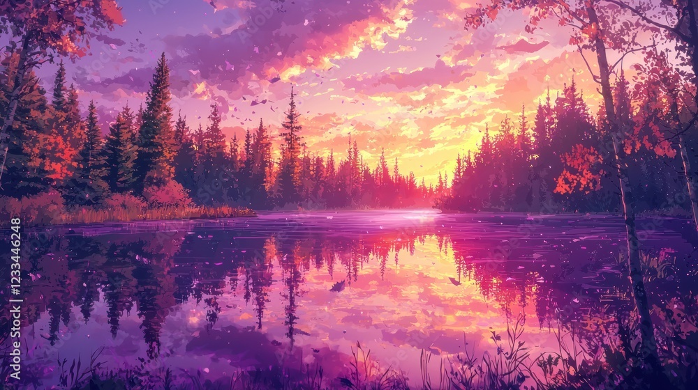 Fototapeta premium Serene autumn sunset reflected in calm lake, surrounded by vibrant forest.