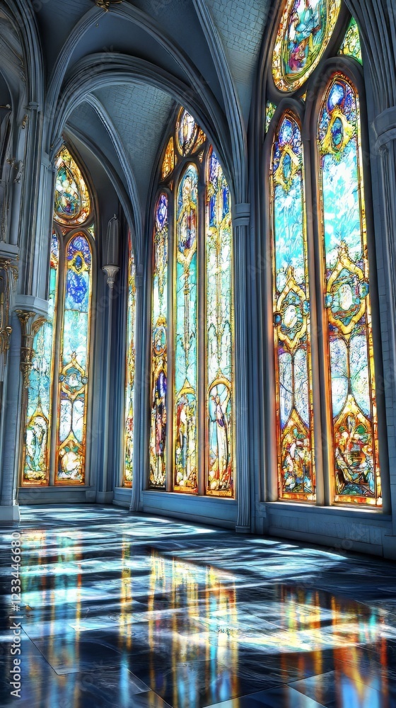 Fototapeta premium Sunlit hall with stained glass