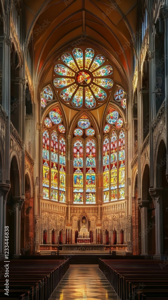 Fototapeta premium Ornate church interior with stained glass
