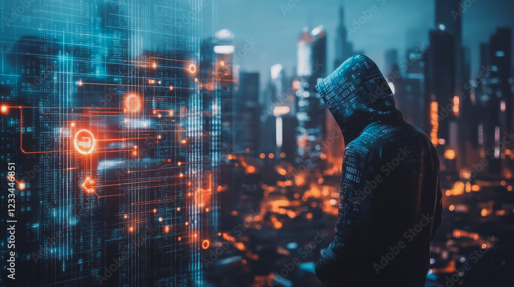 Abstract business man stands on Smart digital Innovation city with connection network reciprocity over the twilight cityscape. of future wireless digital city and social media networking systems Abstract business man stands on Smart digital Innovation city with connection network reciprocity over the twilight cityscape. of future wireless digital city and social media networking systems