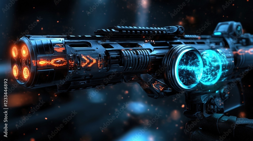 A close-up of a futuristic plasma rifle with glowing blue energy cores, set against a dark metallic backdrop A close-up of a futuristic plasma rifle with glowing blue energy cores, set against a dark metallic backdrop