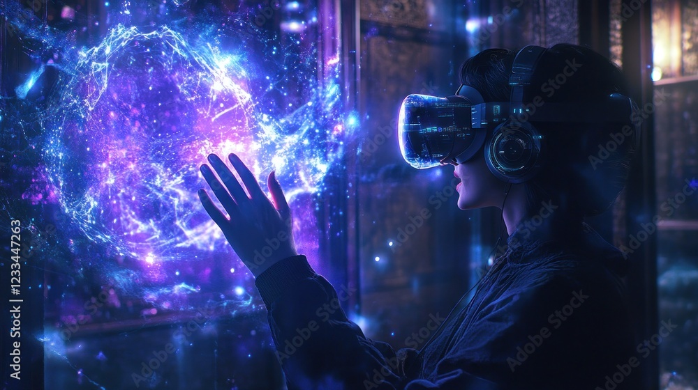 Immersive Virtual Reality Experience: A Woman Explores a Cosmic Nebula Through a VR Headset Immersive Virtual Reality Experience: A Woman Explores a Cosmic Nebula Through a VR Headset