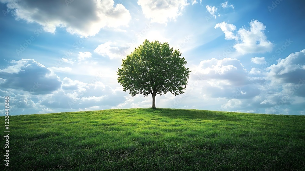 A solitary tree stands on a grassy hill under a bright sky with fluffy clouds. A solitary tree stands on a grassy hill under a bright sky with fluffy clouds.
