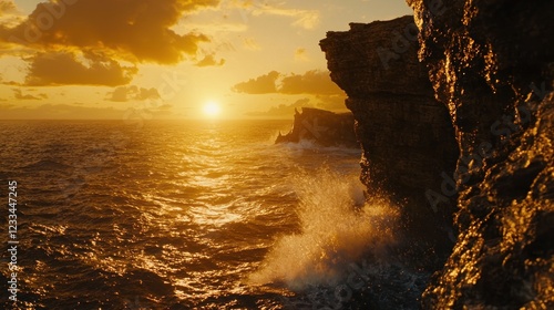 Dramatic sunset over ocean waves crashing against rocky cliffs. (2)