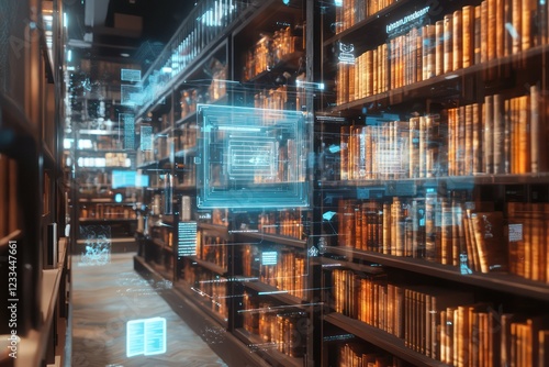 AI-driven holographic library catalogs categorize books visually.