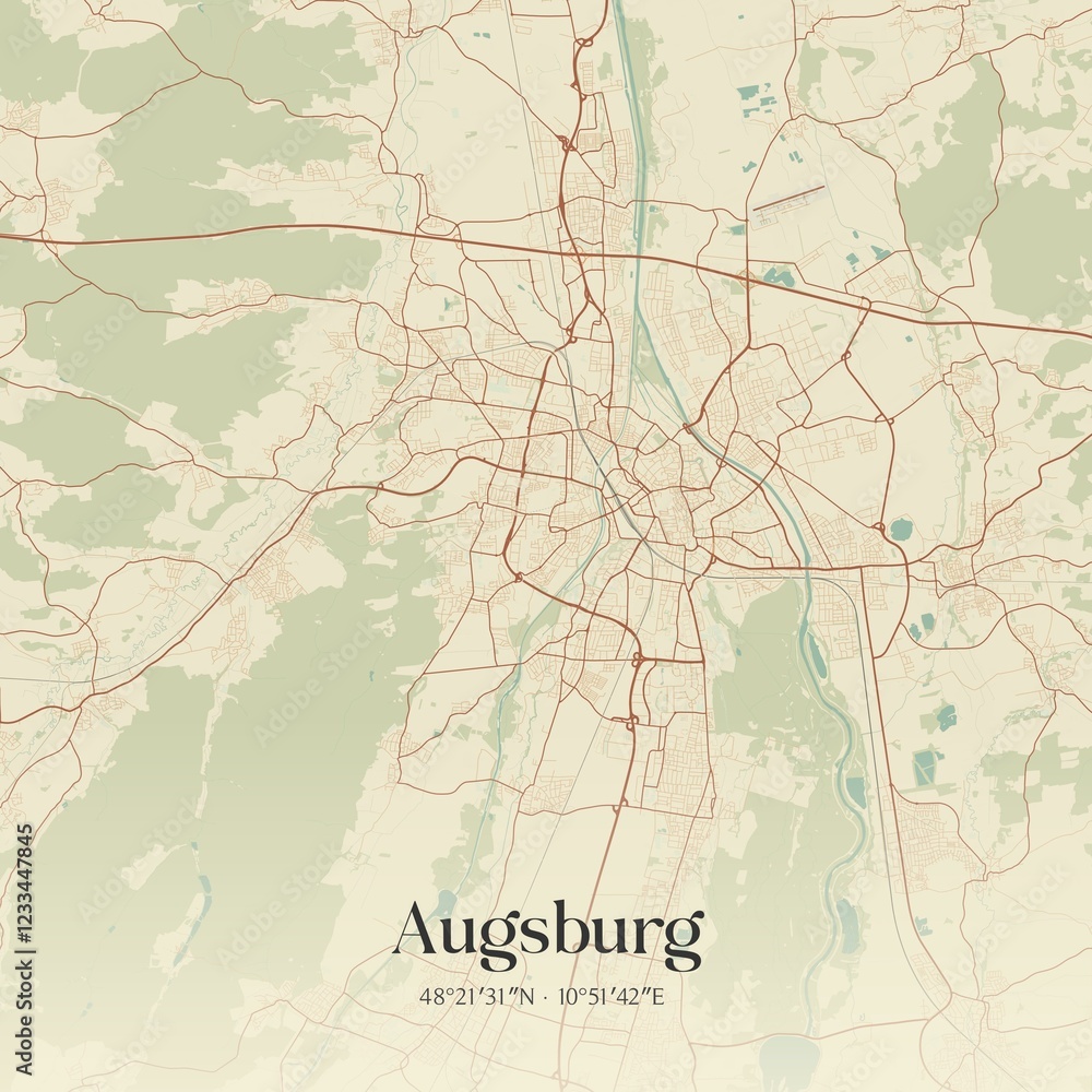 Vintage map of Augsburg, Germany.