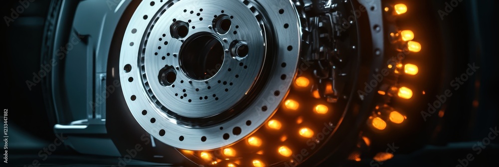 Fototapeta premium Automotive brake disc, sparks flying, metalworking, industrial setting, close-up detail, high contrast, dramatic lighting, precision engineering, mechanical parts, automotive repair, workshop environm