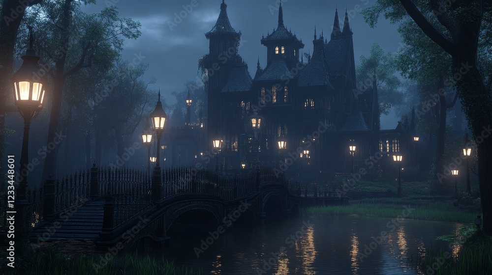 Fototapeta premium Gothic Mansion Night Scene Mysterious Bridge Landscape