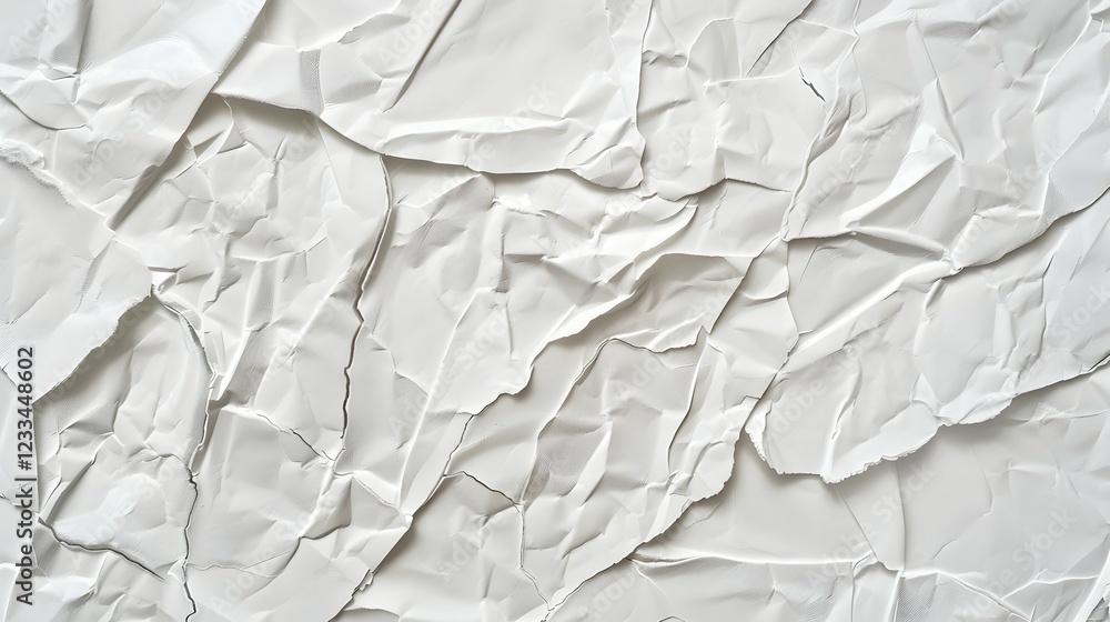 Obraz premium Crumpled white paper texture, showcasing intricate folds and shadows.