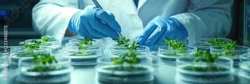 Laboratory research, plant biotechnology, gloved hands, test tubes, green seedlings, sterile environment, scientific experimentation, botany, genetic modification, controlled growth conditions, precis