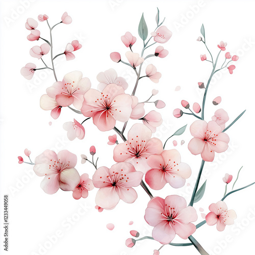 Watercolor botanical illustration of cherry blossoms, dense arrangement, high resolution on white background