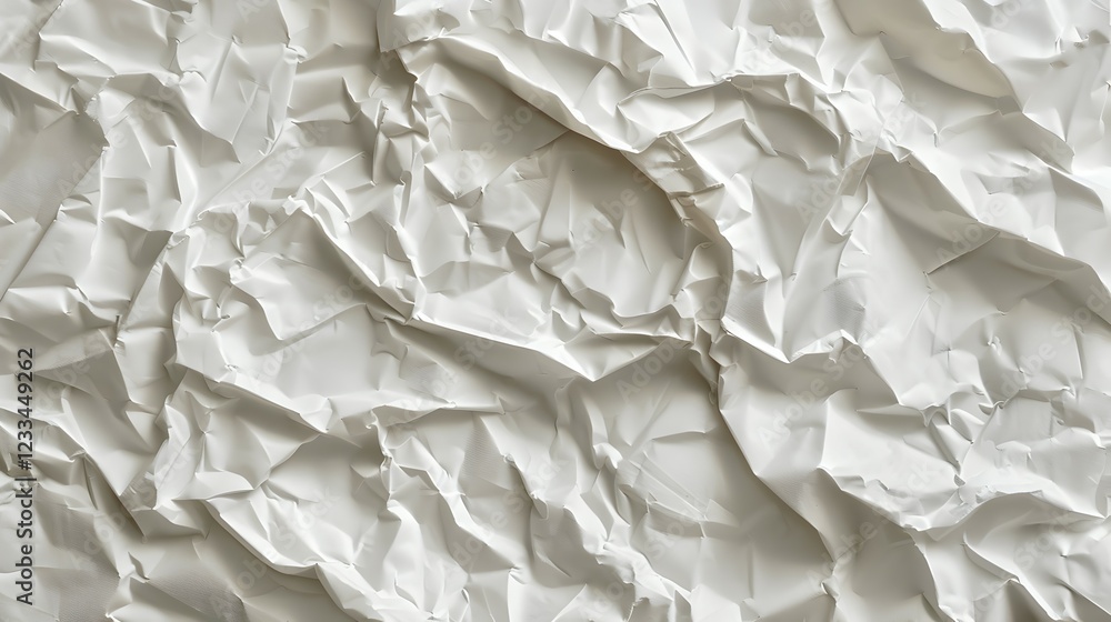 Obraz premium Crumpled white paper texture, showcasing intricate folds and shadows for design use.