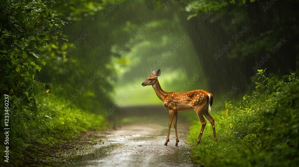 Fawn standing on rain-soaked path in forest. Fawn standing on rain-soaked path in forest.