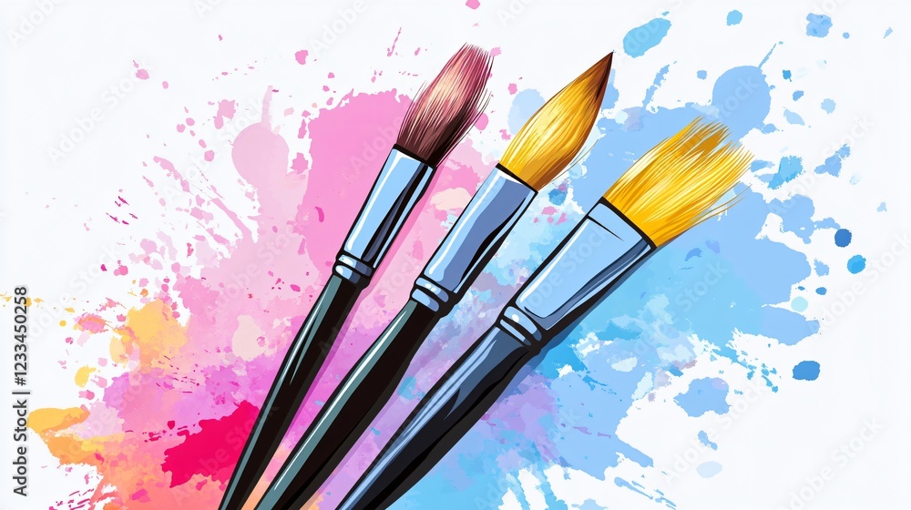 Fototapeta premium Vibrant Watercolor Paintbrush Set with Colorful Splashes for Artistic Projects