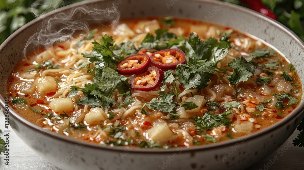 A steaming bowl of spicy noodle soup garnished with fresh herbs and chilies A steaming bowl of spicy noodle soup garnished with fresh herbs and chilies