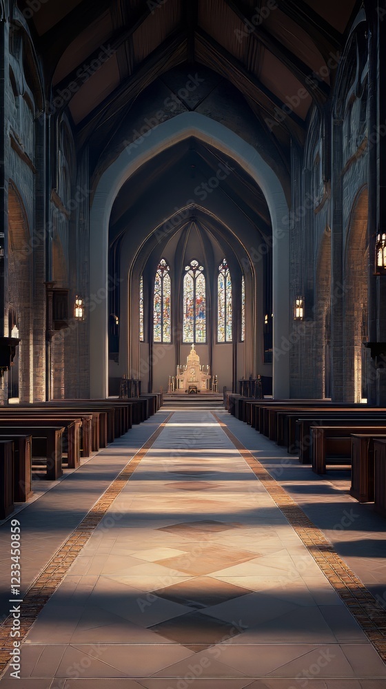 Fototapeta premium Sunlit aisle in a grand church.