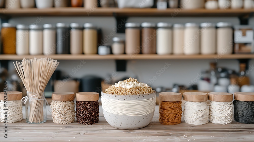 A beautifully arranged kitchen scene showcasing various jars of ingredients and a large bowl of pasta A beautifully arranged kitchen scene showcasing various jars of ingredients and a large bowl of pasta