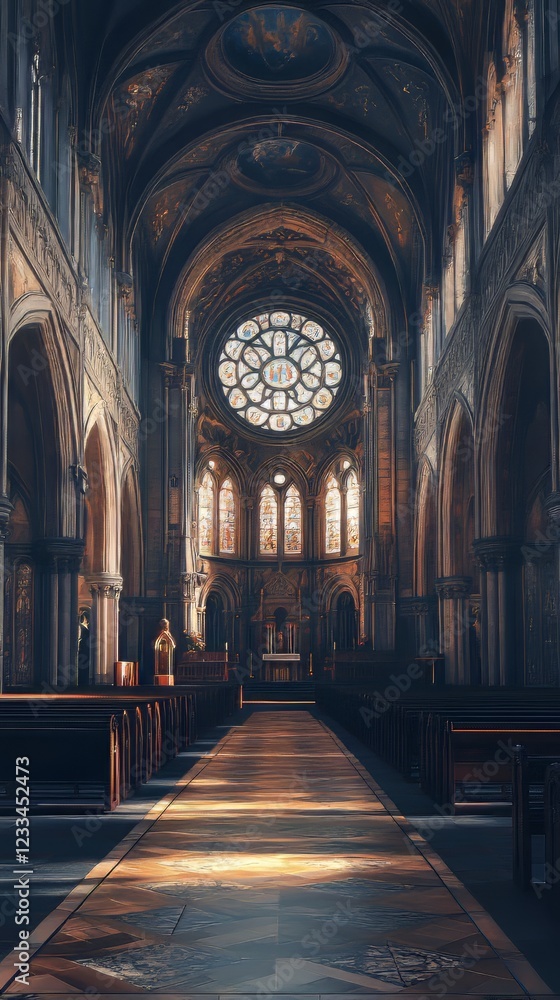 Obraz premium Sunlit aisle in a grand cathedral.