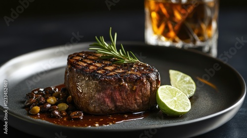 Grilled filet mignon steak with mushroom sauce, lime wedges, and rosemary sprig on dark plate, whiskey in background.