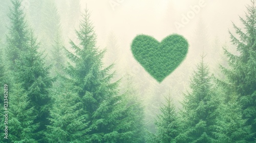 Green Heart in Misty Evergreen Forest Landscape