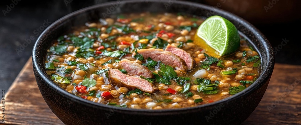 Hearty Lentil Soup with Meat and Lime in Dark Bowl Hearty Lentil Soup with Meat and Lime in Dark Bowl