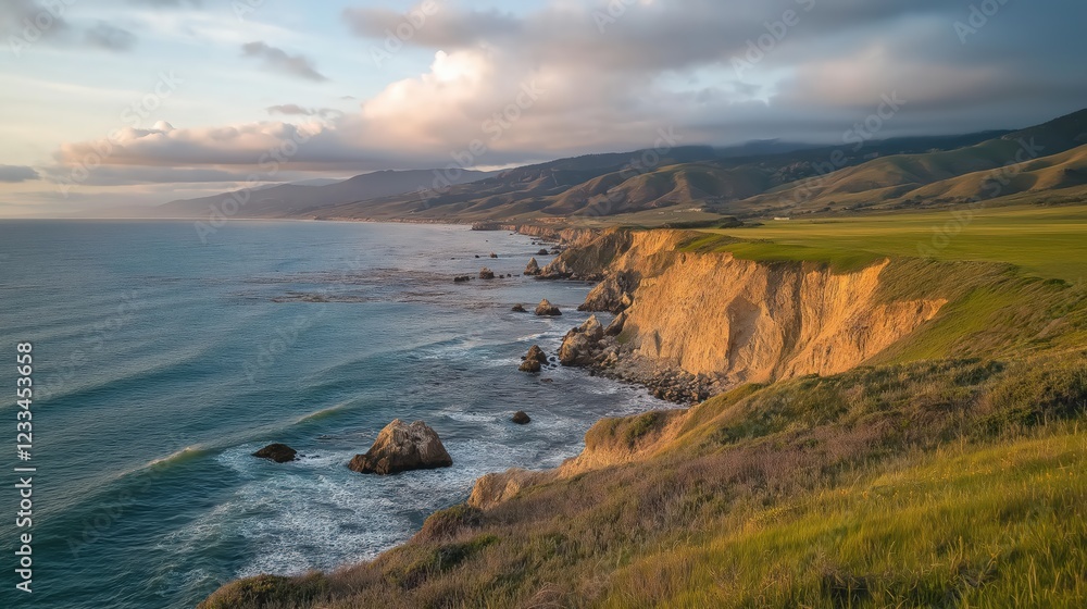 Obraz premium Coastal Sunset Landscape Wildflowers, Cliffside, and Ocean View