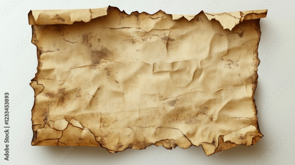 Fototapeta premium Burned parchment scroll, white background, texture, mockup