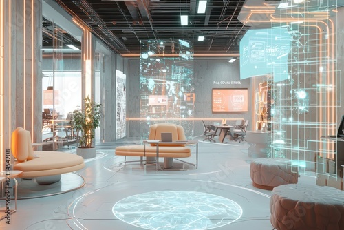 Wallpaper Mural Holographic AR tools strategize global ads in a modern coworking lounge. Torontodigital.ca