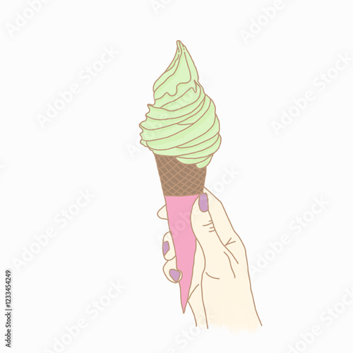 matcha flavored ice cream cone with woman's hand