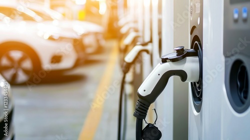 Fototapeta Naklejka Na Ścianę i Meble -  Future-proof electric vehicle charging infrastructure, network of fast-charging stations with renewable energy integration, Electric Vehicle Charging style