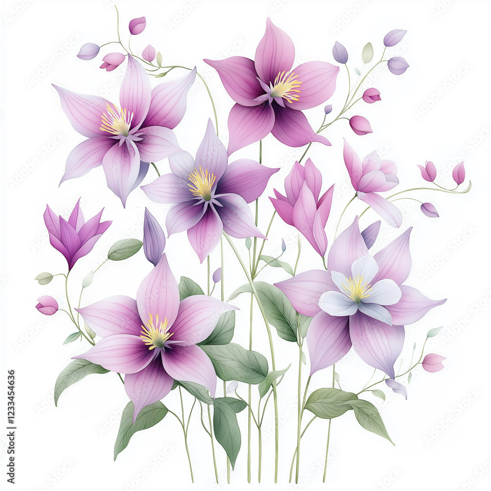 Obraz premium Watercolor botanical illustration of columbine, dense arrangement, high resolution on white background