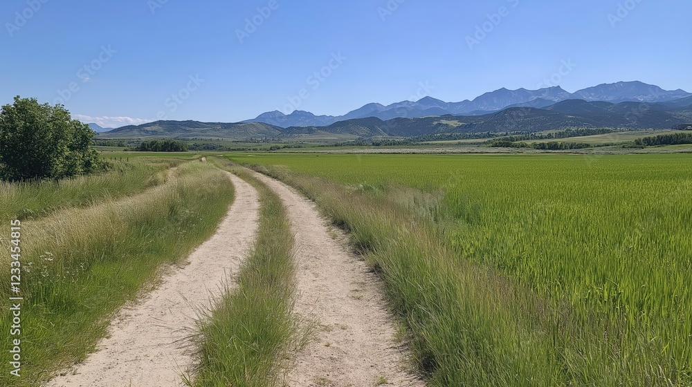 Picturesque Dirt Road Winding Through a Verdant Field Towards Distant Mountains Under a Clear Blue Sky Picturesque Dirt Road Winding Through a Verdant Field Towards Distant Mountains Under a Clear Blue Sky