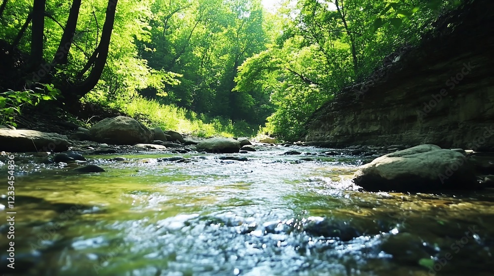 Green trees and river rocks flow with clear water nature landscape scenery Green trees and river rocks flow with clear water nature landscape scenery
