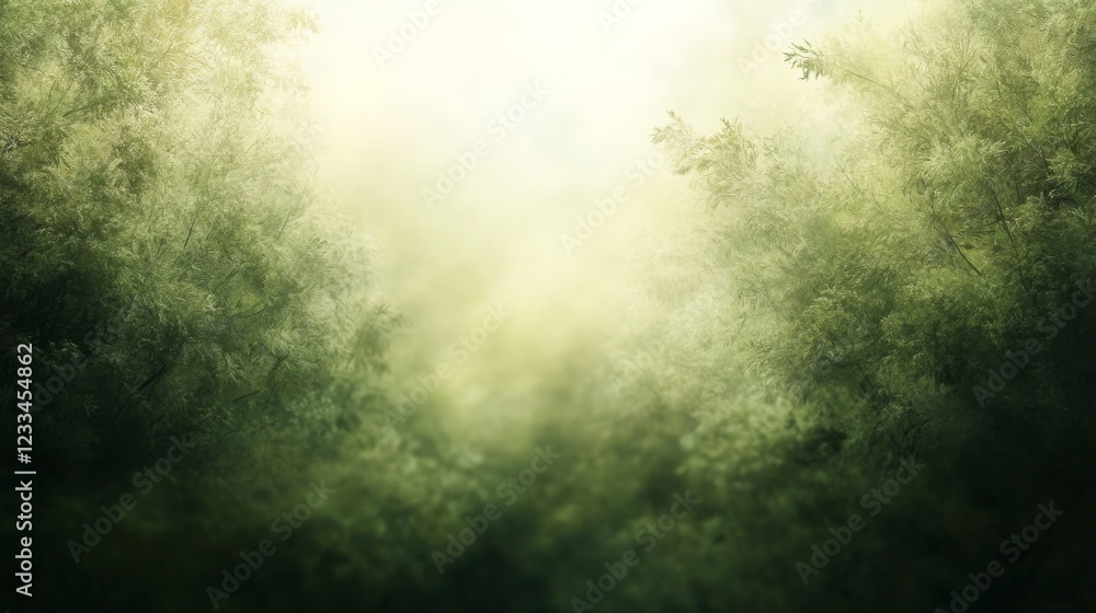 Naklejka premium Serene forest scene with soft light filtering through dense greenery, evoking tranquility and nature's beauty