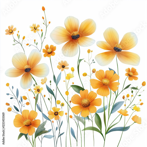 Wallpaper Mural Watercolor botanical illustration of coreopsis, dense arrangement, high resolution on white background Torontodigital.ca