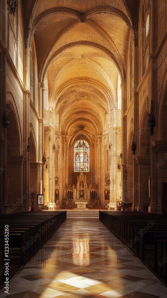 Obraz premium Sunlit church nave with stained glass