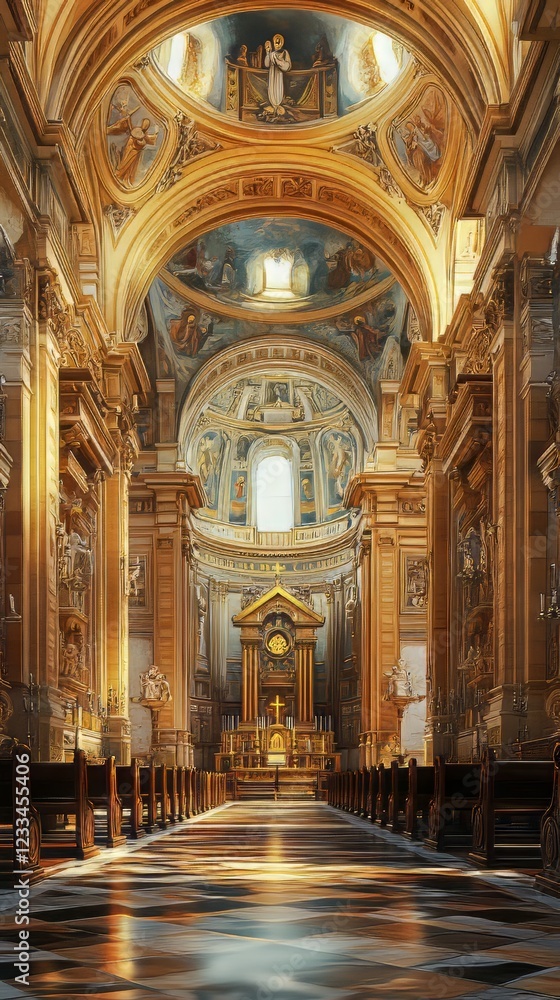 Fototapeta premium Ornate church interior, golden light