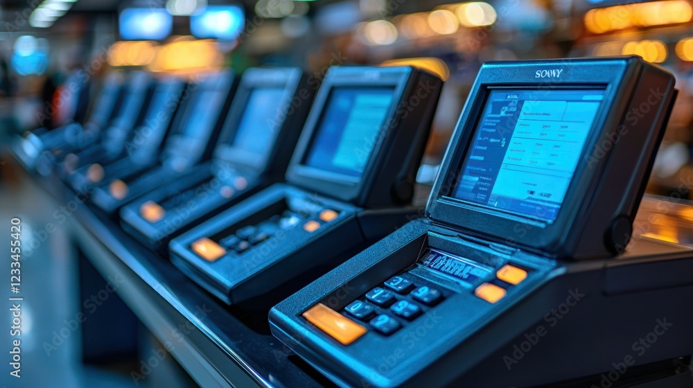 Fototapeta premium Self-checkout terminals in a supermarket with blurred background shoppers