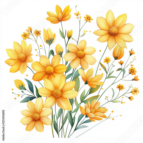 Wallpaper Mural Watercolor botanical illustration of coreopsis, dense arrangement, high resolution on white background Torontodigital.ca