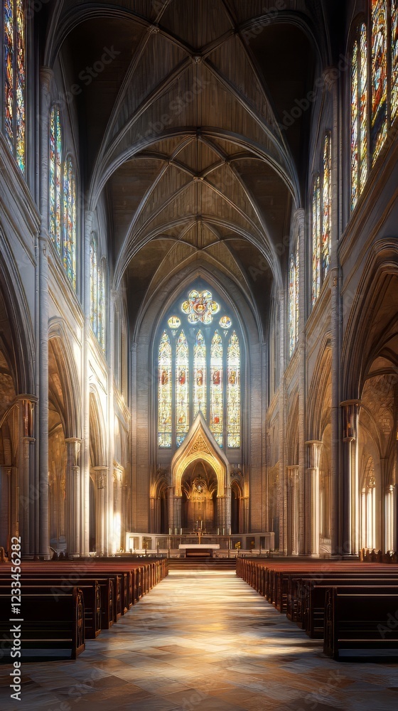 Fototapeta premium Sunlit cathedral nave and altar