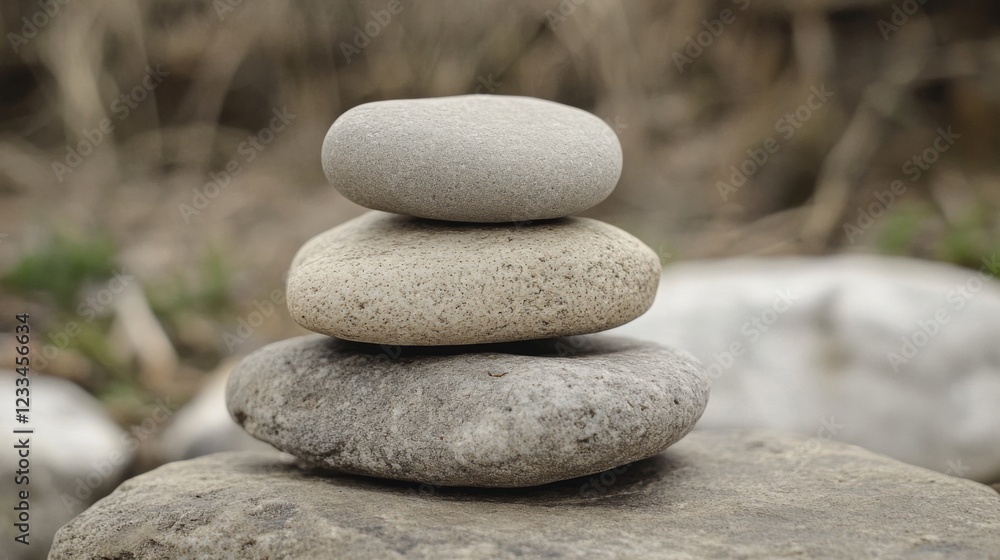 Stacked smooth stones on a natural background with blurred greenery enhancing tranquility Stacked smooth stones on a natural background with blurred greenery enhancing tranquility