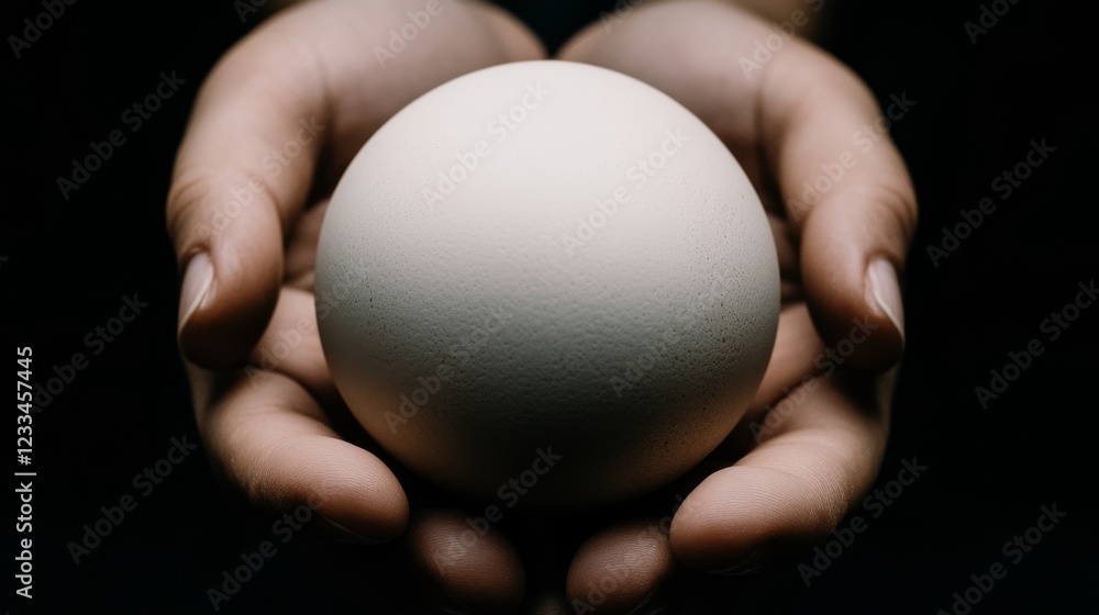 Hands Gently Holding a Single White Egg in Darkness Hands Gently Holding a Single White Egg in Darkness