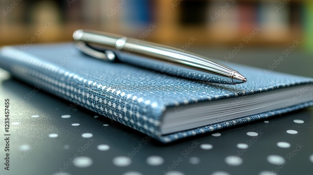 Silver pen on blue dotted notebook in library, ready for writing Silver pen on blue dotted notebook in library, ready for writing