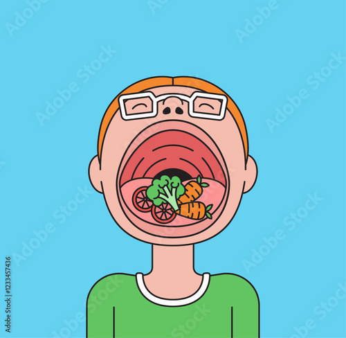 Depiction of a child with a large open mouth filled with healthy vegetables cartoon illustration  perfect for nutrition and health theme